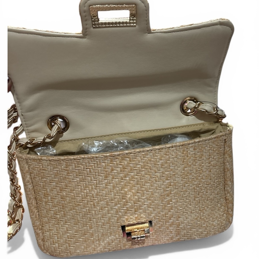 Woven Straw Crossbody Bag with Gold Chain - Natural Straw - Picture 3 of 4